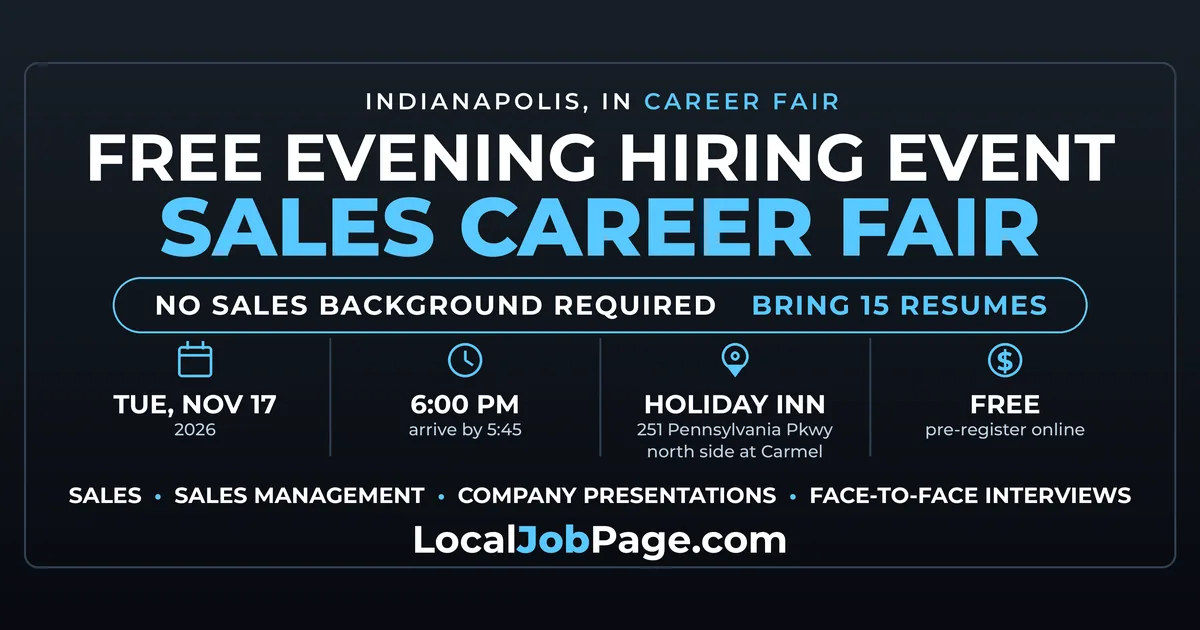 Indianapolis Sales Career Fair Nov. 17: Free Evening Hiring Event on the North Side